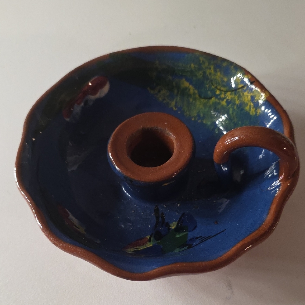 Handcrafted Blue Ceramic Candle Holder with Brown Accent
